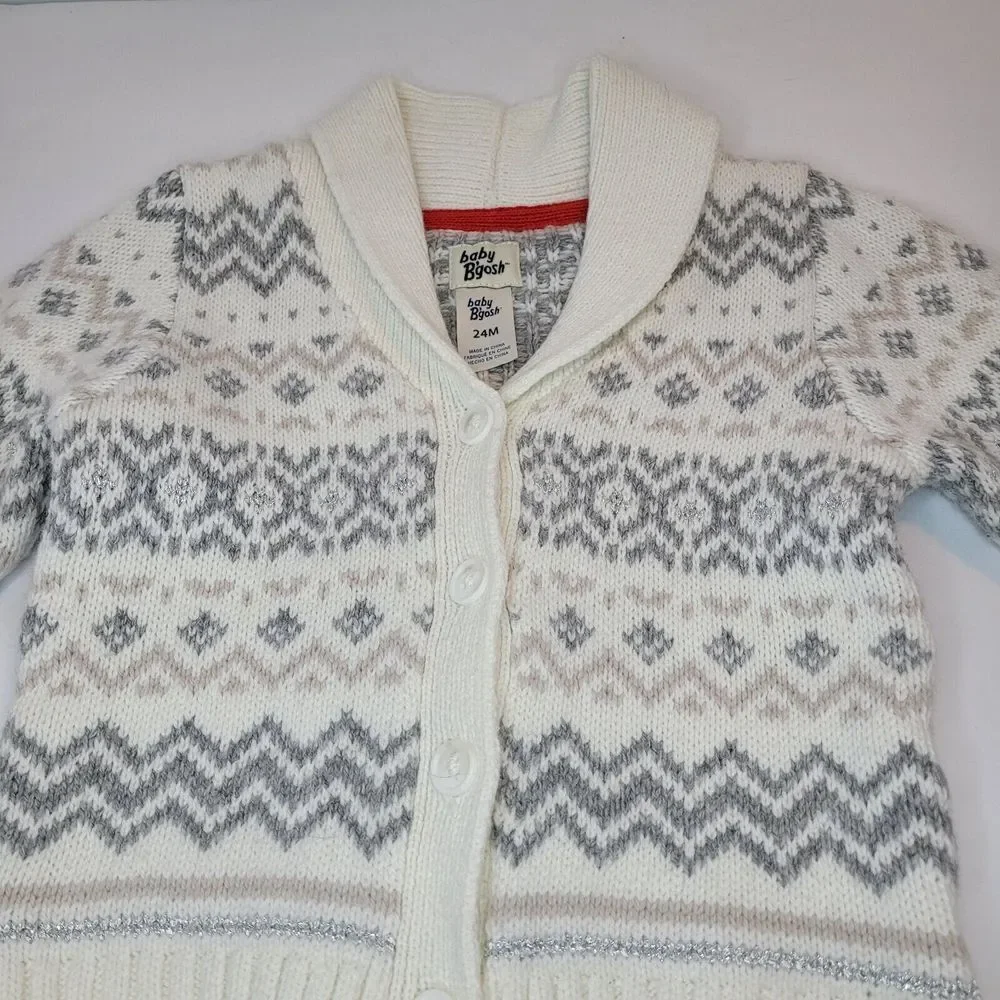 Baby B'gosh Cardigan Kids 24M White Excellent Fair Isle Shawl Collar Metallic